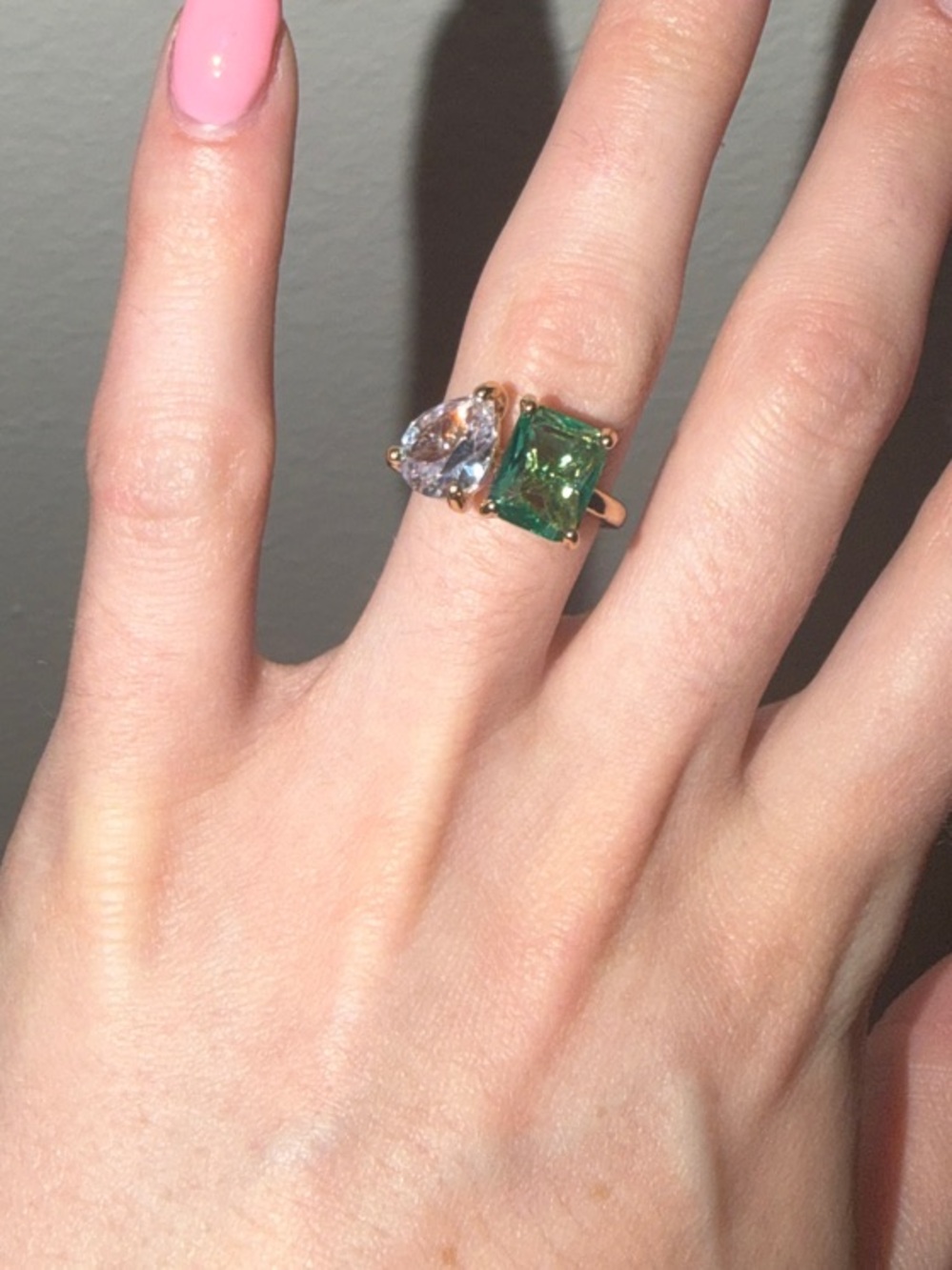 Green Square-Cut Gemstone and Clear Double Accent Ring Size 7 - Gold Tone